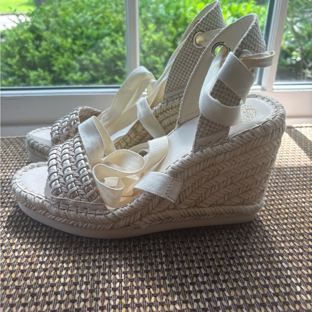 Vince Camuto Cream Woven Espadrille Wedge Sandals with Ankle Ties